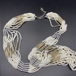 White Seed Beads & Silver Multi-Strand Necklace